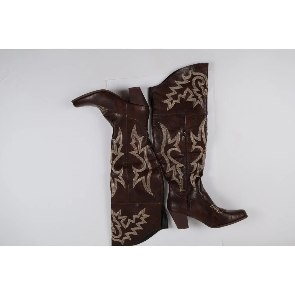 Unbranded Western Over The Knee Boots Brown Embroidered Size 43 NEW